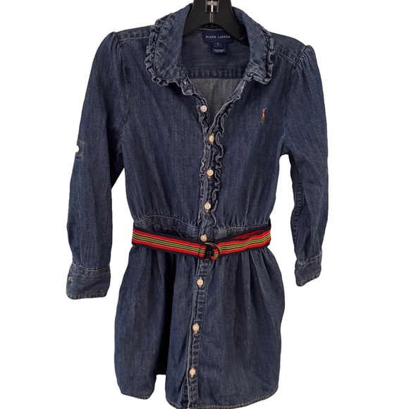 Ralph Lauren Girls Denim Button Up Dress, Long Sleeve Belt Size 5 - Picture 1 of 11